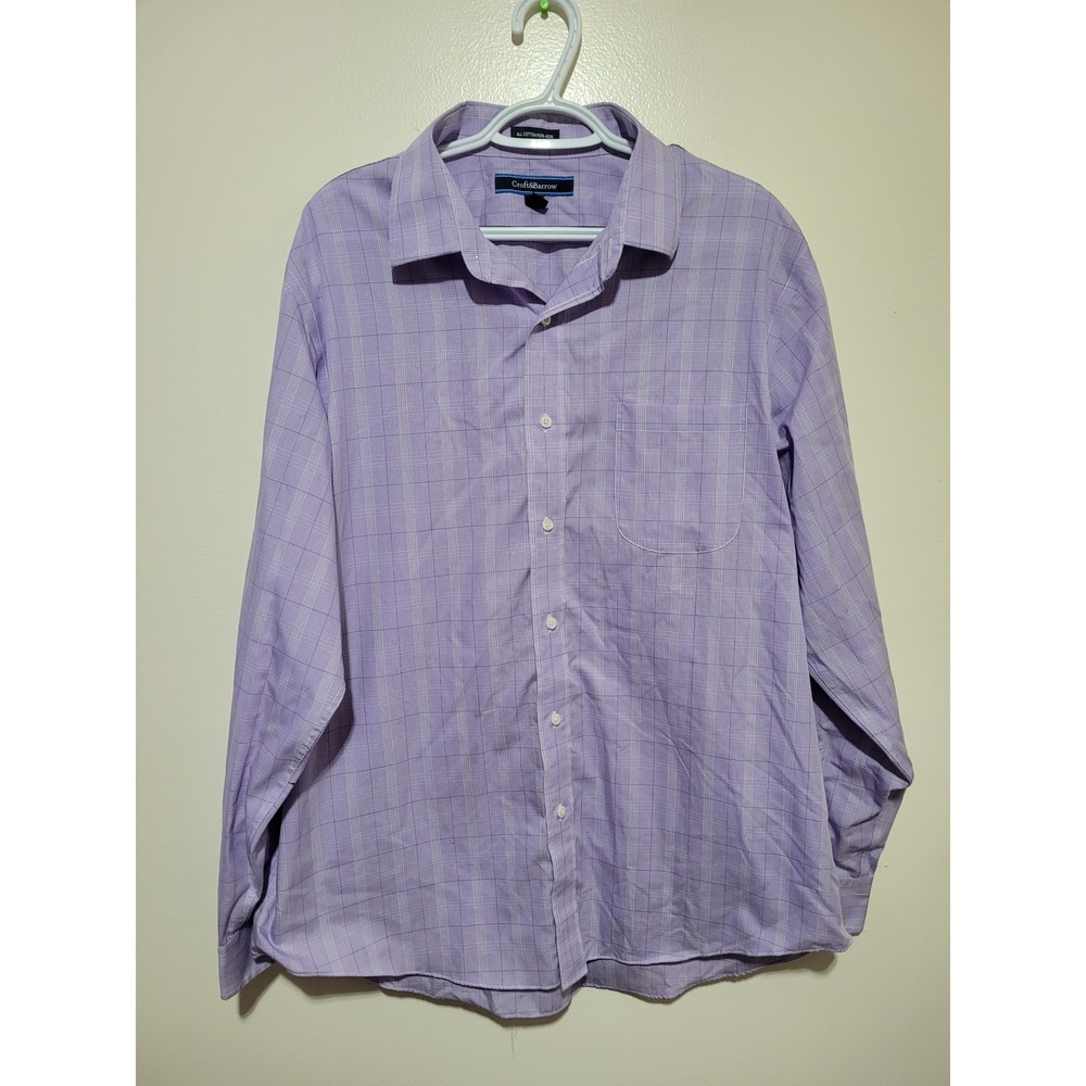 Croft & Barrow Dress Shirt Mens 17.5 36 Purple Non-Iron Cotton Windowpane‎
